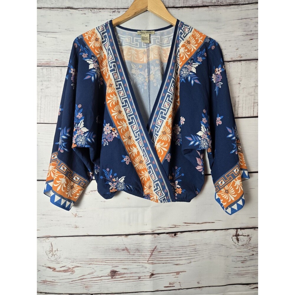 Flying Tomato Womens Top Small Floral Navy Blue Orange Wrap Boho Kimono Sleeve